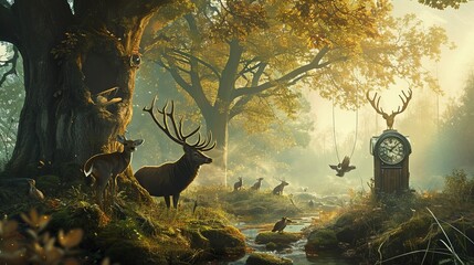 Timekeepers of the Forest: A Fantasy Illustration of Animals with a Unique Perception of Time - obrazy, fototapety, plakaty