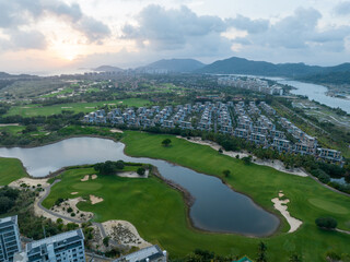 Aerial view of modern golf course resort in Hainan island , China