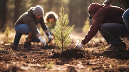 Group of people Planting new trees. planting trees in open area of a mountain. - obrazy, fototapety, plakaty