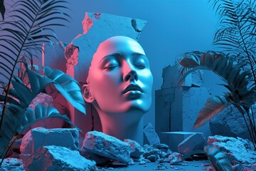 Surreal composition in neon light, female head statue with tropical leaves, pieces of concrete and stones - obrazy, fototapety, plakaty