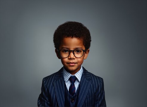 Smart child in glasses and suit on gray background