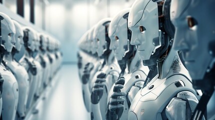 Row of robots in call center working as operators answering customer calls, generative AI.