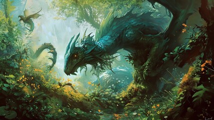 Mystical Guardians of Biodiversity: A Vivid Illustration of Ethereal Creatures Defending Ecosystems in a Lush, Enchanted Forest