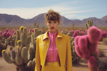 A young caucasian urban girl in pink shirt and yellow jacket posing outside in a field of cactus trees. The background is a sunny day with mountains.