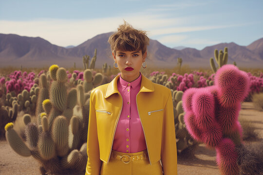 A young caucasian urban girl in pink shirt and yellow jacket posing outside in a field of cactus trees. The background is a sunny day with mountains.