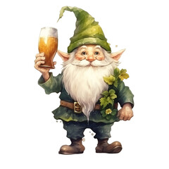 Gnome for Patrick's day holding beer isolated on transparent, Generative ai