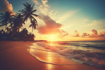 Sunset on the beautiful tropical beach. Vintage effect.