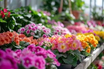 Fototapeta na wymiar Beautiful fresh flowers are growing in the greenhouse.