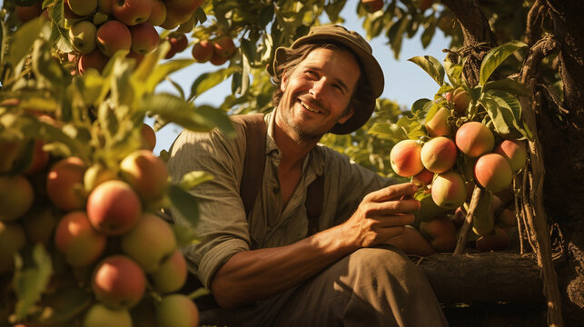 A vintage style photo of young handsome farmer with a hat quality check and inspect ripe apples, plucking apples from an apple tree with smiley face in a sunny day