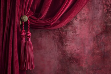 close-up of an elegant red velvet curtain tied back with a luxurious gold tassel