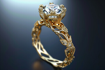 a yellow gold engagement ring with a brilliant stone isolated on a black background