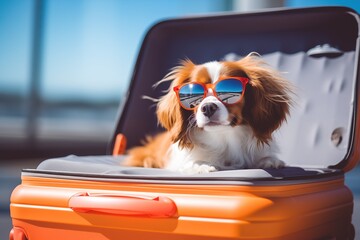 chihuahua puppy in a suitcase - obrazy, fototapety, plakaty