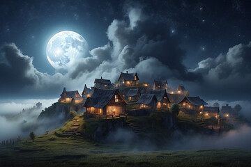 Fototapeta premium village at night with moonlight