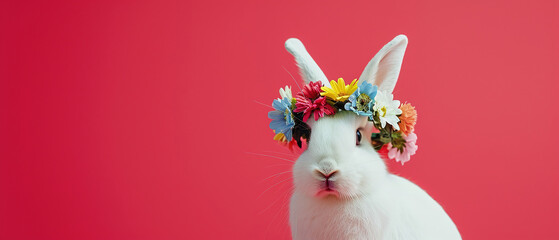 a easter rabbit with flower crown, on empty background,  with empty copy space, happy easter - obrazy, fototapety, plakaty