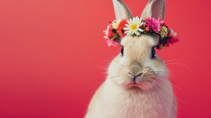 a easter rabbit with flower crown, on empty background,  with empty copy space, happy easter