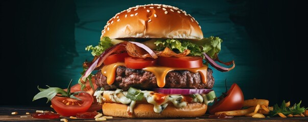 hamburger with cheese tomato and onion
