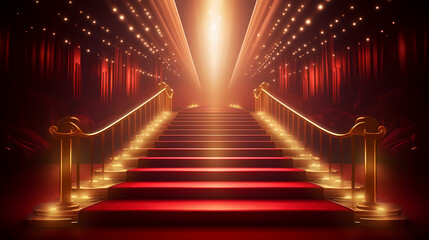 Red carpet staircase with smoke and spotlights, holiday awards ceremony event