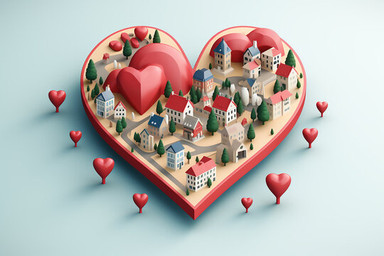 Long-distance relationship concept. Wooden house models and decorative heart on red background