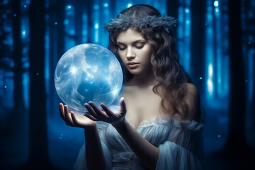 Naklejka premium Beautiful girl on a night with a magic ball. Astrology and Zodiac Concept. Generative Ai.