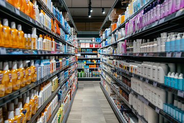 The health and beauty aisle in a supermarket - offering a range of skincare products - wellness items - and personal care essentials. - obrazy, fototapety, plakaty