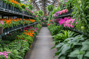 Fototapeta na wymiar A plant and flower aisle in a garden center - brimming with greenery and blooms - a perfect spot for gardening enthusiasts to explore nature's beauty.