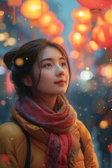 Asian woman in the city, Chinese New Year concept. cartoon style