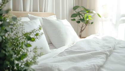 Close up of bed with white bedding, pillow and duvet against home greenery. Scandinavian interior design of modern bedroom - obrazy, fototapety, plakaty