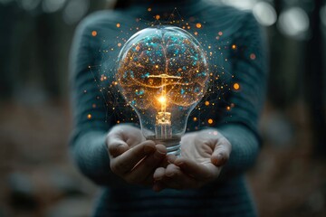 Development, industrial, and scientific fields; hands of a businessman holding a lightbulb and a brain with data network digital technology; innovation, new ideas, creative, and inspiration concepts. 