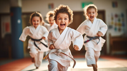 young, beautiful, successful multi ethical kids in karate position - obrazy, fototapety, plakaty