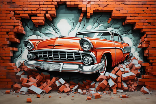 Fototapeta 3d wallpaper design with a classic car jumping out of broken graffiti wall