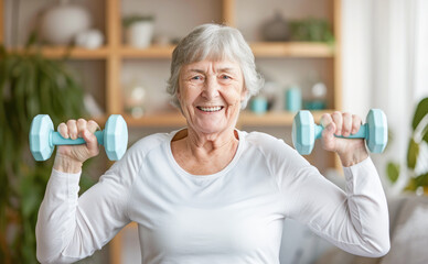 Portrait of happy senior woman doing fitness exercise with dumbbells at home. Healthy Lifestyle. Concept of older women exercising at home.   - obrazy, fototapety, plakaty