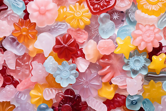 heap of gummy candy butterflies in pink, yellow, green and blue