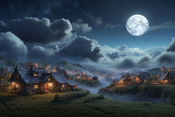 village at night with moonlight