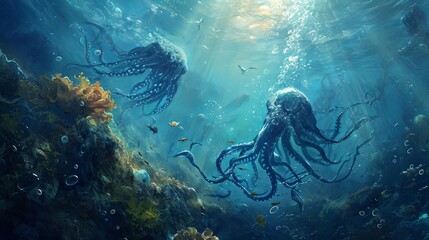 Underwater Ballet of Octopuses and Fish: A Mystic Marine Choreography Capturing Synchronized Movements Amidst Ocean Flora - obrazy, fototapety, plakaty