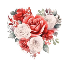 watercolor heart shaped rose bouquet on white background