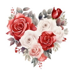 watercolor heart shaped rose bouquet on white background