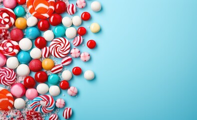 Colorful lollipops surrounded by candy on a blue background