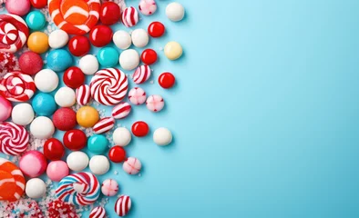 Zelfklevend Fotobehang Colorful lollipops surrounded by candy on a blue background © Marharyta