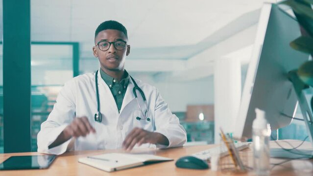 Doctor, happy man and writing notes in office for healthcare goals, planning schedule or brainstorming solution. Face of African worker with notebook for list, priority or medical ideas in hospital