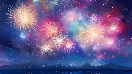 Fototapeta premium Happy New Year, burning fireworks with bokeh light background