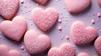 Obraz premium Heart-Shaped Valentine's Day Cookies with Sprinkles and Frosting Effects on Pink, Pastel Background - Overhead Flat Lay View of Sweet Holiday Dessert Concept - Romantic Muted Surrealism