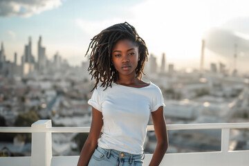 African American woman model with dreadlocks - white t-shirt mockup - blurred urban background - obrazy, fototapety, plakaty