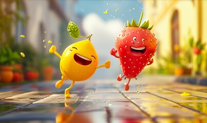 cute fruits characters a strawberry and a lemon, running on the street