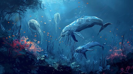 Fototapeta na wymiar Underwater Elegance: Dolphins and Jellyfish Dance Amidst Vibrant Coral and Ocean Flora Under the Glistening Sun Rays