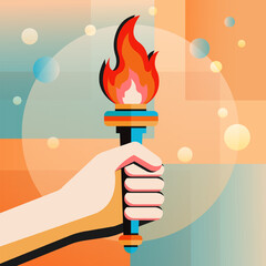 A burning torch in his hand against an abstract background with geometric figures. Symbol of victory, Olympic Games.