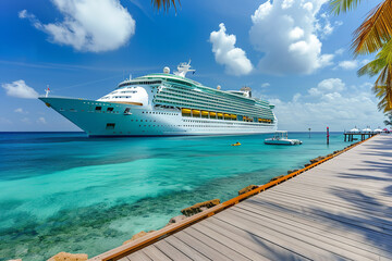 A cruise ship docking at an exotic port - with passengers disembarking for exciting excursions - set against a backdrop of luxury travel and picturesque coastal scenery.