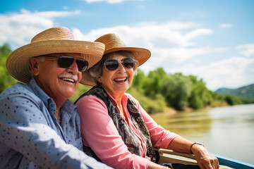 Retirees enjoying a luxury river cruise - leisurely traveling along scenic riverbanks - embracing...
