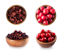 Bowls of dried and fresh cherry. Dried red cherries on white isolated background with copy space. Delicious cherries fruit in a bowl. Background of cherries. Cherry fruit.