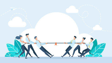 Two teams play pulling rope game. Business competition. People pull rope in tug of war competition. Men and women. Concept business teamwork, cooperation, solution conflicts. Vector flat illustration - obrazy, fototapety, plakaty
