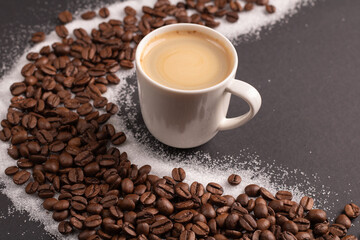 caffeine, coffee bean, espresso, cup, drink, beverage, sugar, cafe, roasted, background, food, aroma, bean, black coffee, photography, horizontal